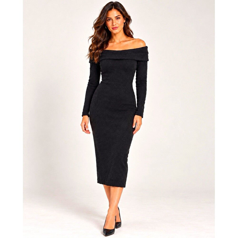 Area Stars Black Off Shoulder Long Sleeve Midi Dress Size S Textured Bodycon